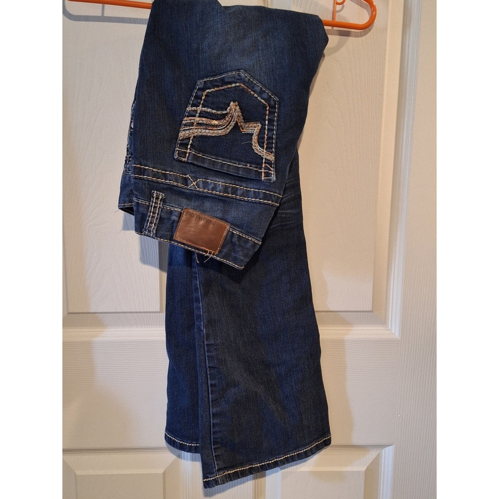 Maurices Womens Low Rise Distressed Bootcut Jeans Dark Wash Blue Size 7/8 Short